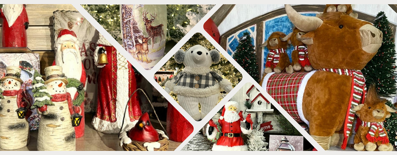 Collage of Christmas-themed items including Santa Claus, reindeer, and highland cows in the country christmas room in christmas land 2025 at Dewayne's in Selma, NC minutes from Raleigh, Cary, Clayton, Garner, Smithfield, Goldsboro