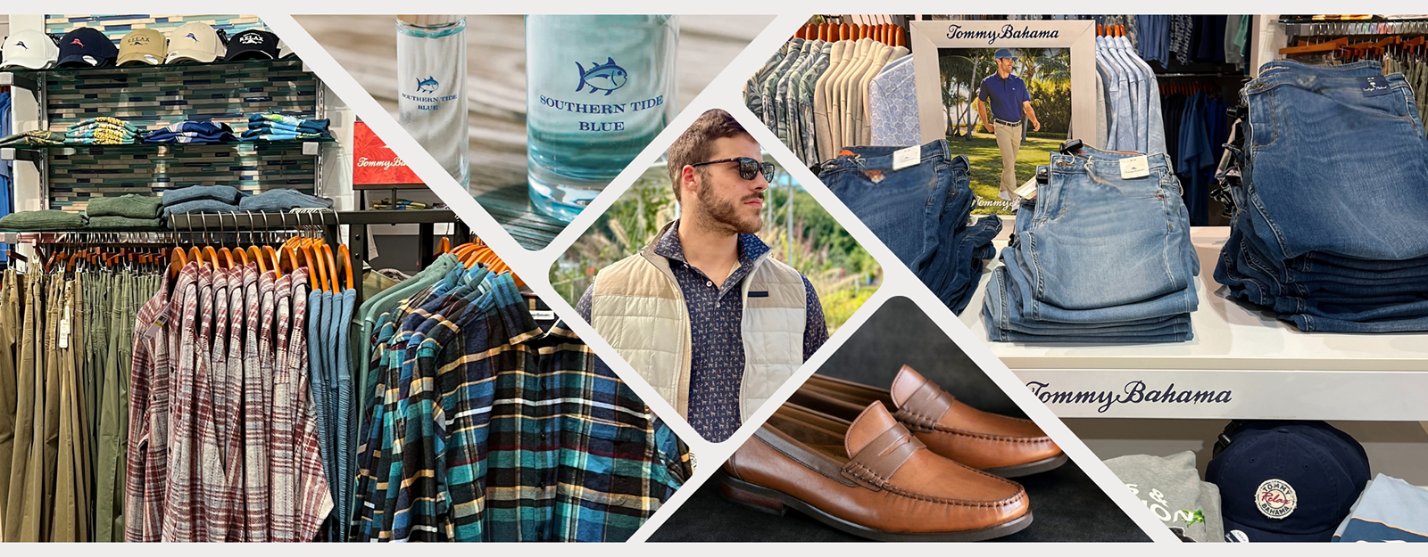 Collage of men's clothing and accessories with a focus on shirts, jeans, and shoes at Dewayne's in Selma, NC minutes from Raleigh, Cary, Clayton, Garner, Smithfield, Goldsboro


