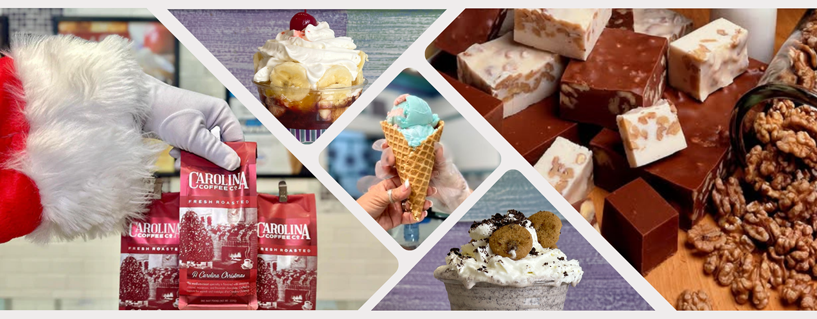 Collage of Christmas-themed treats including fudge, candy, and a Santa Claus figure at Dewayne's in Selma, NC minutes from Raleigh, Cary, Clayton, Garner, Smithfield, Goldsboro