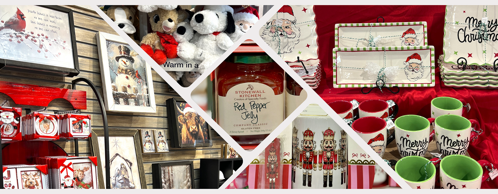 Collage of Christmas-themed products including mugs, candy jars, and framed pictures at Dewayne's in Selma, NC minutes from Raleigh, Cary, Clayton, Garner, Smithfield, Goldsboro

