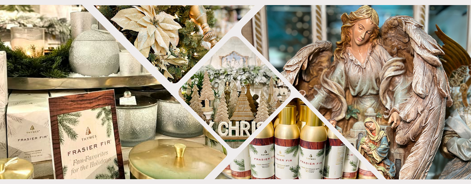Banner Collage of Christmas-themed products including scented candles by Thyme, nativity scenes, and angel figurines in the moments of thyme room in christmas land 2025 at Dewayne's in Selma, NC minutes from Raleigh, Cary, Clayton, Garner, Smithfield, Goldsboro