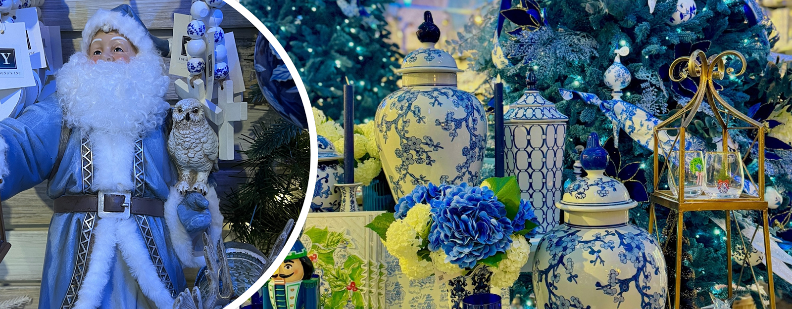 Decorative Blue Santa figure with blue Christmas-themed trees, ceramics and more in the Winter Wonderland room  of Christmas Land at Dewayne's in Selma, NC minutes from Raleigh, Cary, Clayton, Garner, Smithfield, Goldsboro. Home of the largest christmas store in North Carolina