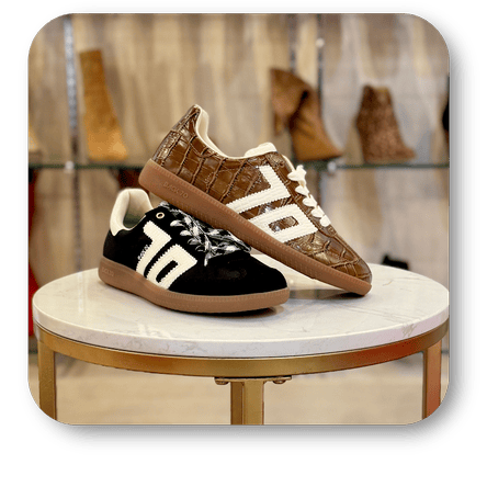 Back70 sneakers on marble table in the boutique at Dewayne's in Selma, NC minutes from Raleigh, Cary, Clayton, Garner, Smithfield, Goldsboro.