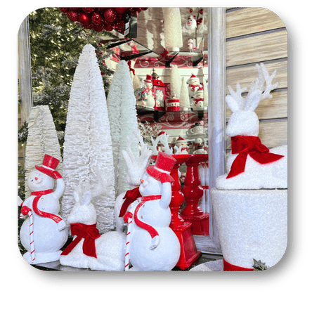 frosty snowmen, deer in the wrapped in red room in christmas land at Dewayne's in Selma, NC minutes from Raleigh, Cary, Clayton, Garner, Smithfield, Goldsboro