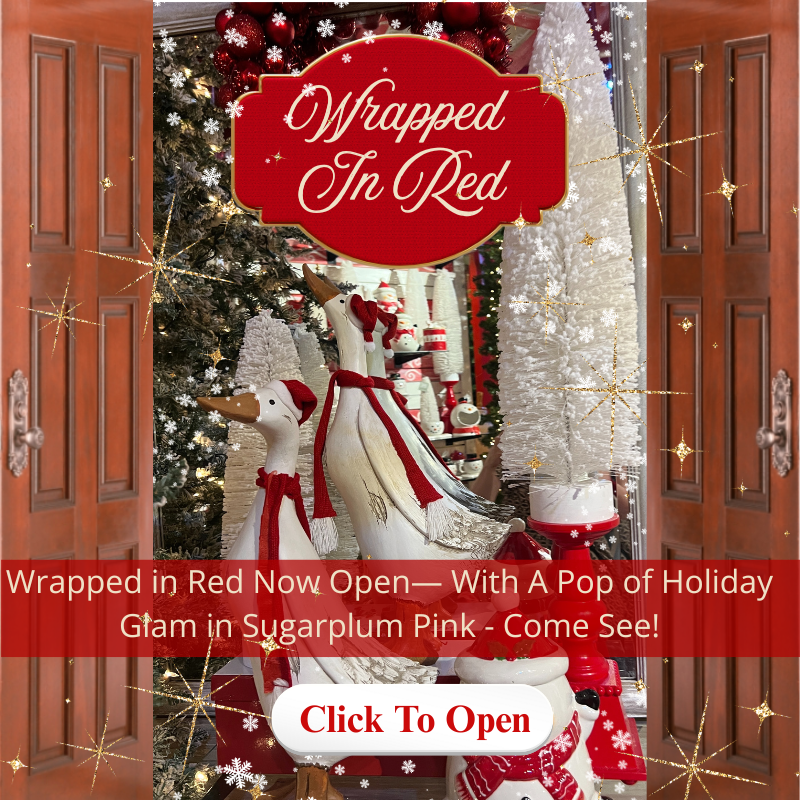 doors open to wrapped in red room with christmas ducks and snowy holiday decor