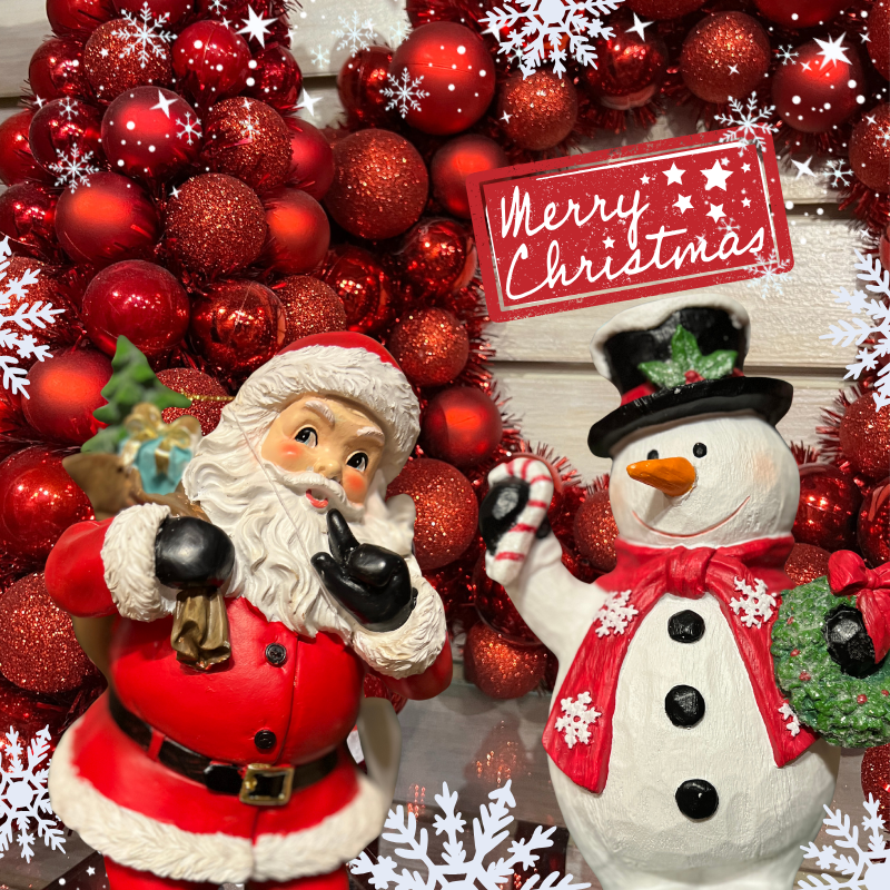 Decorative Christmas  Santa Claus and snowman figurines in the wrapped in red room in christmas land 2025 at dewaynes